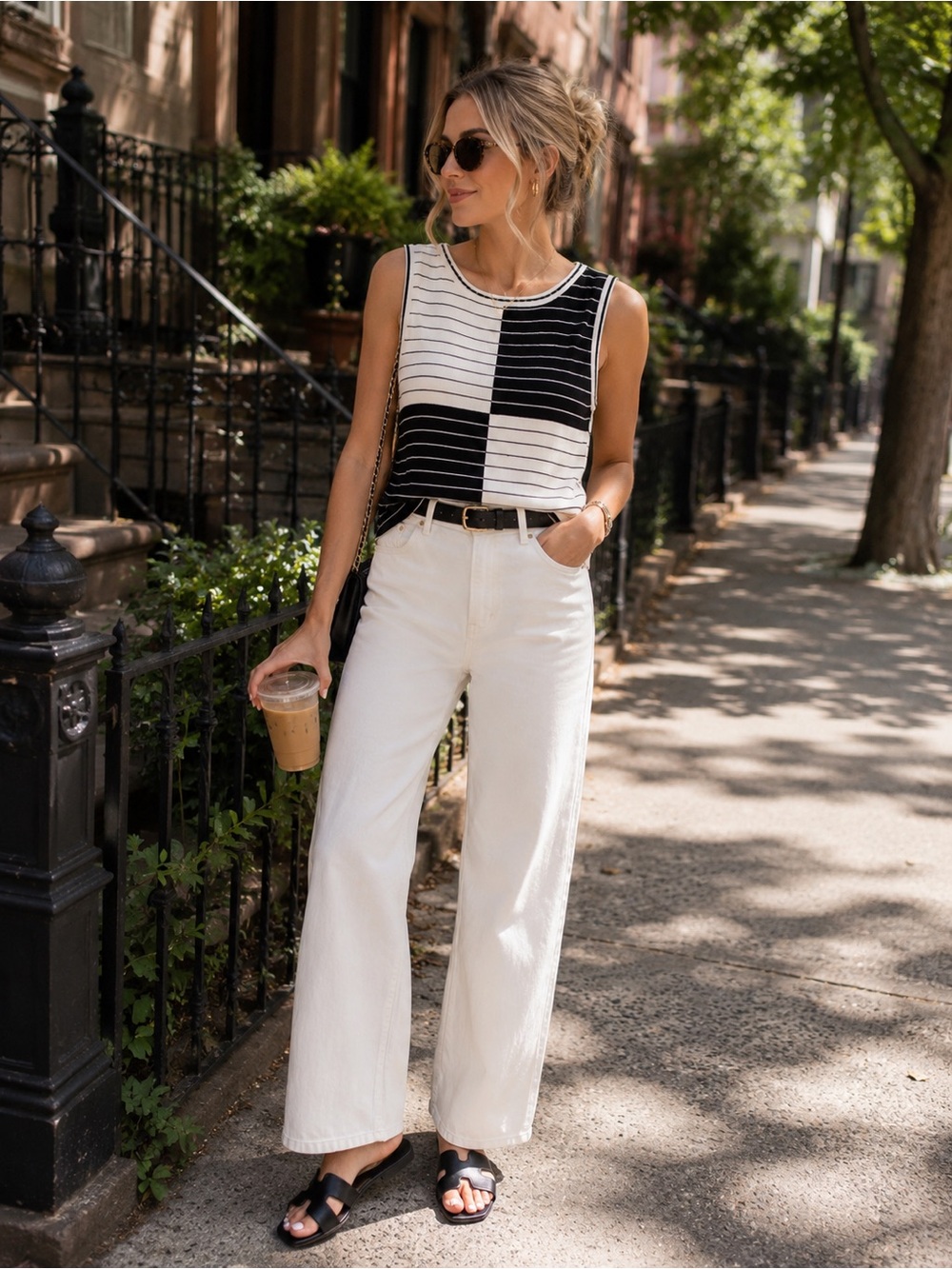 Sleeveless Black & White Colorblock Stripe Tank Top - Women